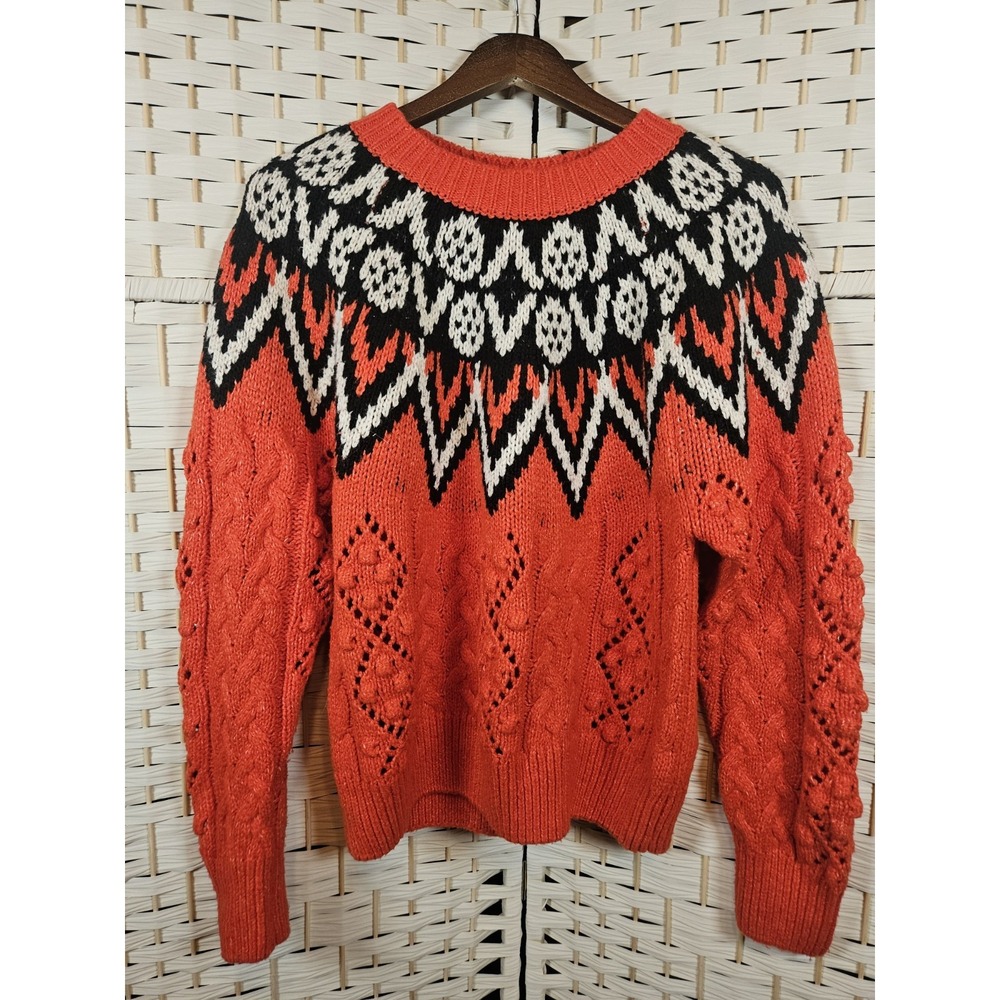Lucky Brand Womens Medium Orange Sweater Fair Isle Fisherman Ski